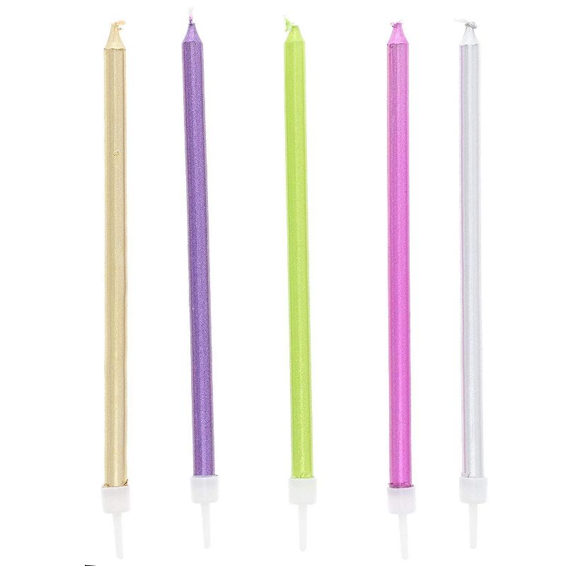 Blue Panda 48-Pack Multicolored Metallic Long Thin Birthday Cake Candles 5-Inch with Holders