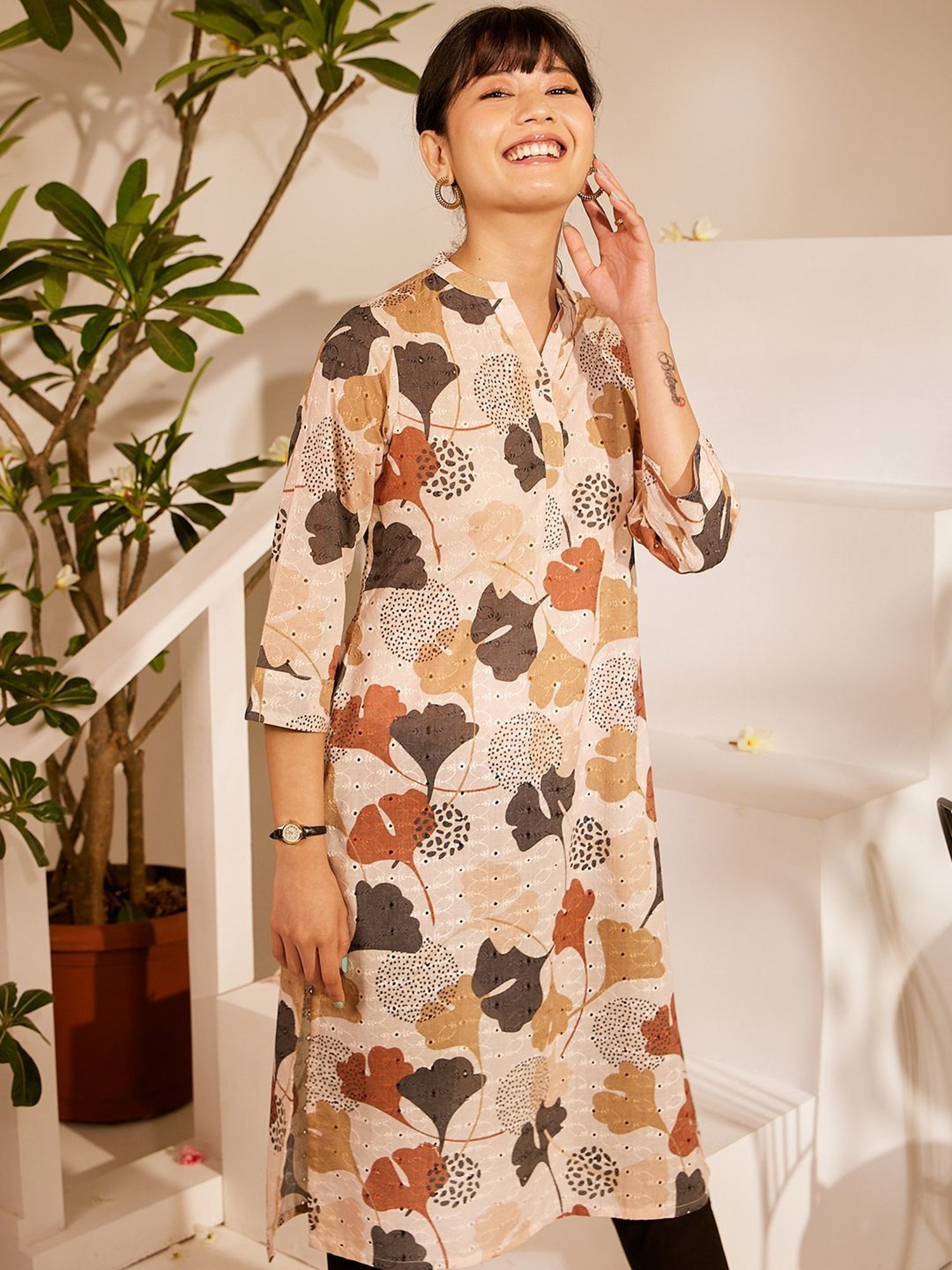 Daali Beige Schiffli Mandarin Collar 3/4 Sleeves Kurta with Two Pockets