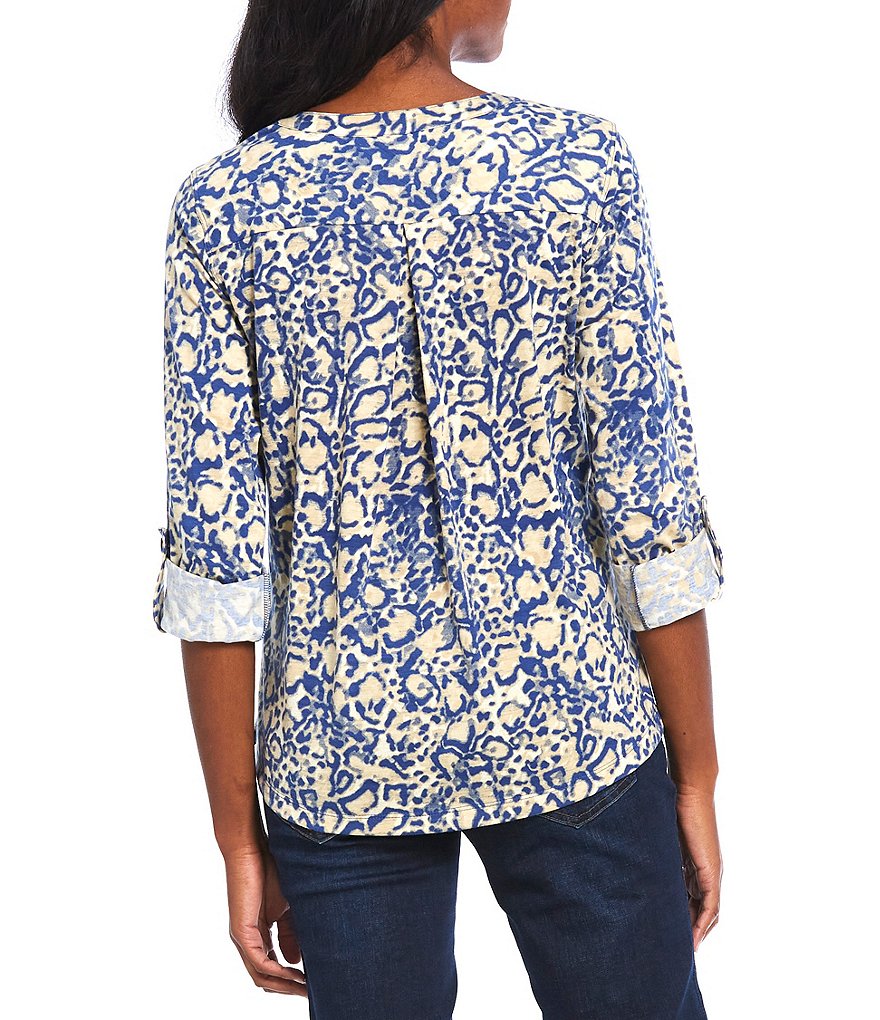 Ali Miles Petite Size Long Roll-Tab Sleeve Round V-Neck Pucker Knit Asymmetrical Tunic