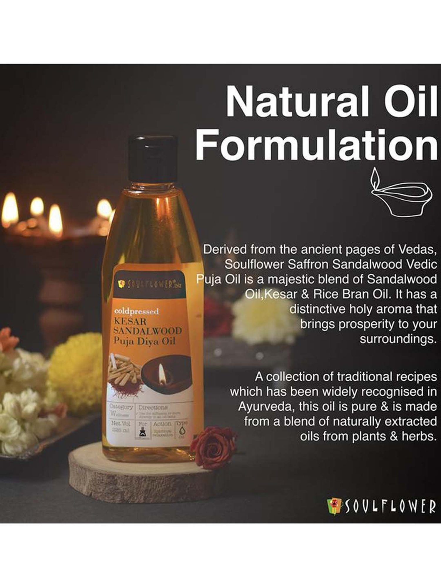 Soulflower Kesar Sandalwood Diya Oil (225 ml) - Set of 1