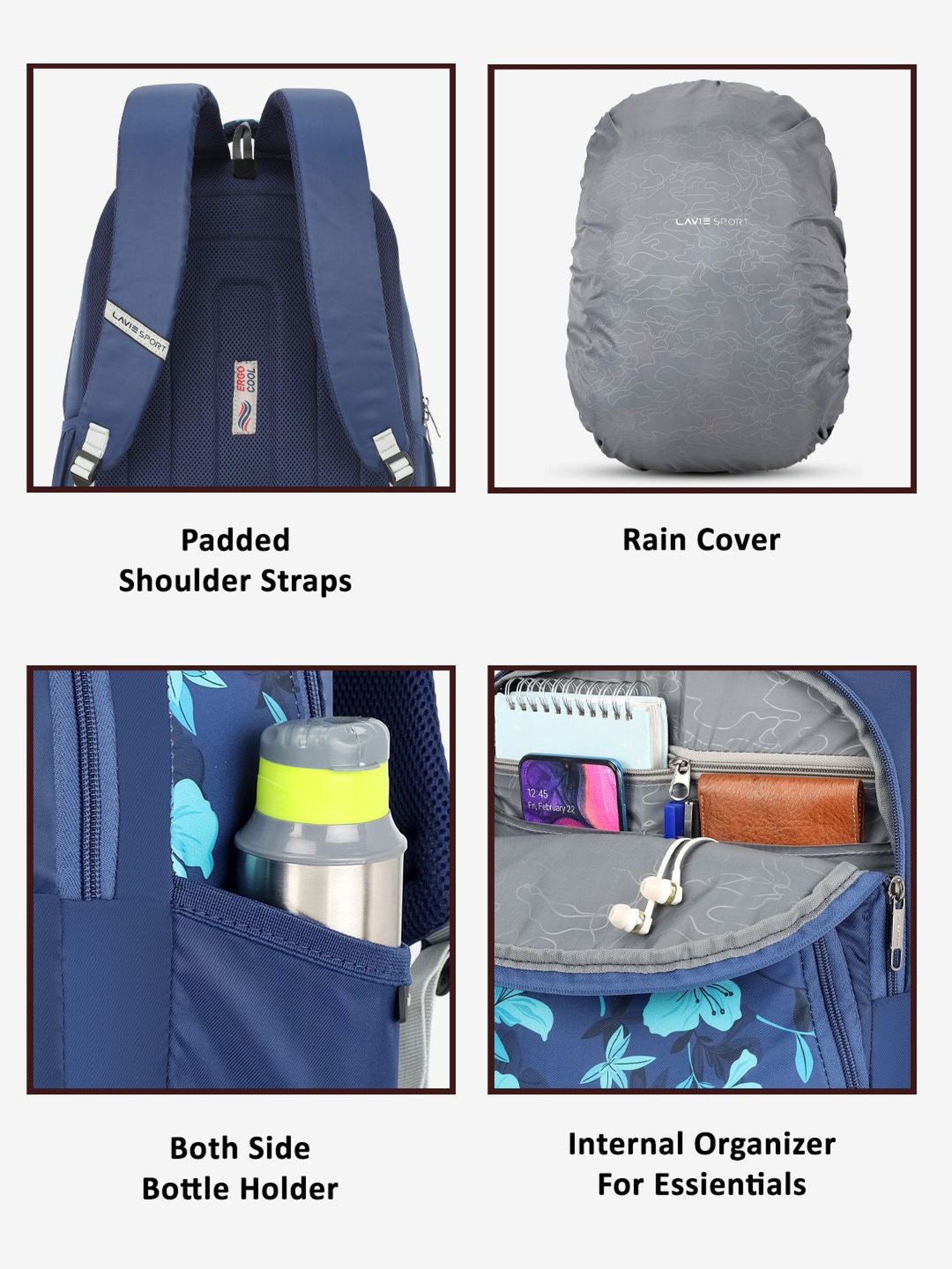 Lavie Sport Cherry Blossom 39L Printed School Backpack with Rain cover for Girls (Navy)