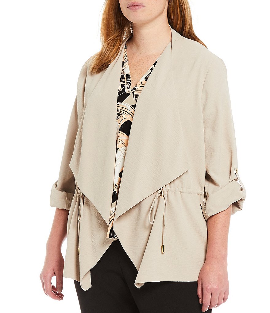 Ali Miles Plus Size Mixed Animal Print Open-Front Drop Needle Onion Skin Jacket