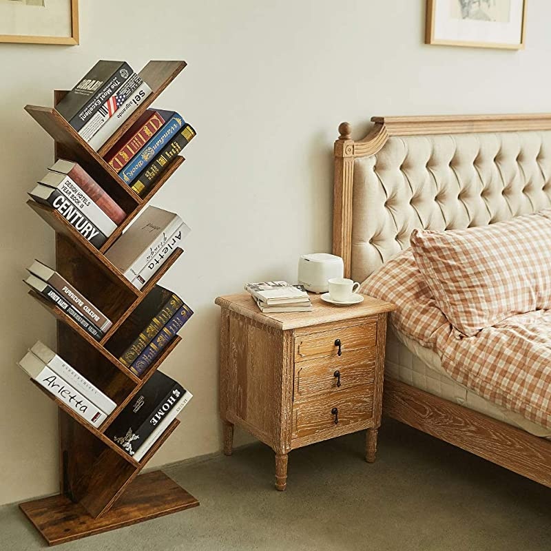 9-Shelf Tree Bookshelf, Floor Standing Tree Bookcase in Living Room/ Home/ Office, Bookshelves Storage Rack for CDs/ Movies/ Books - Rustic Brown