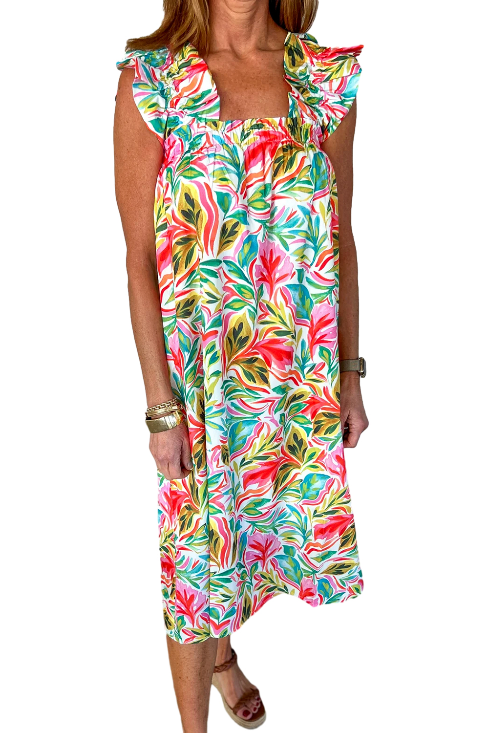 Multicolor Boho Floral Collared Long Sleeve Dress