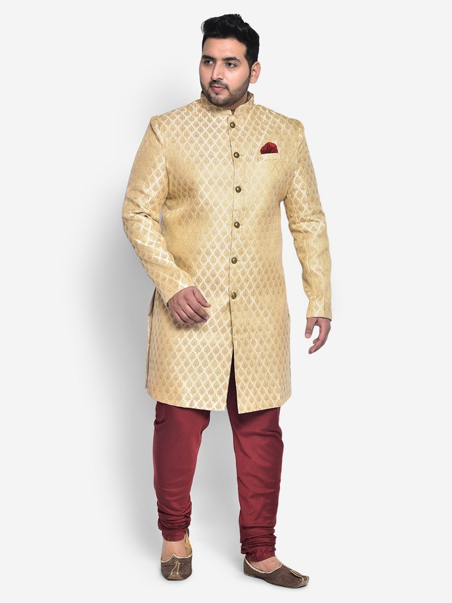 KISAH PLUS Beige Regular Fit Jacquard Sherwani Set