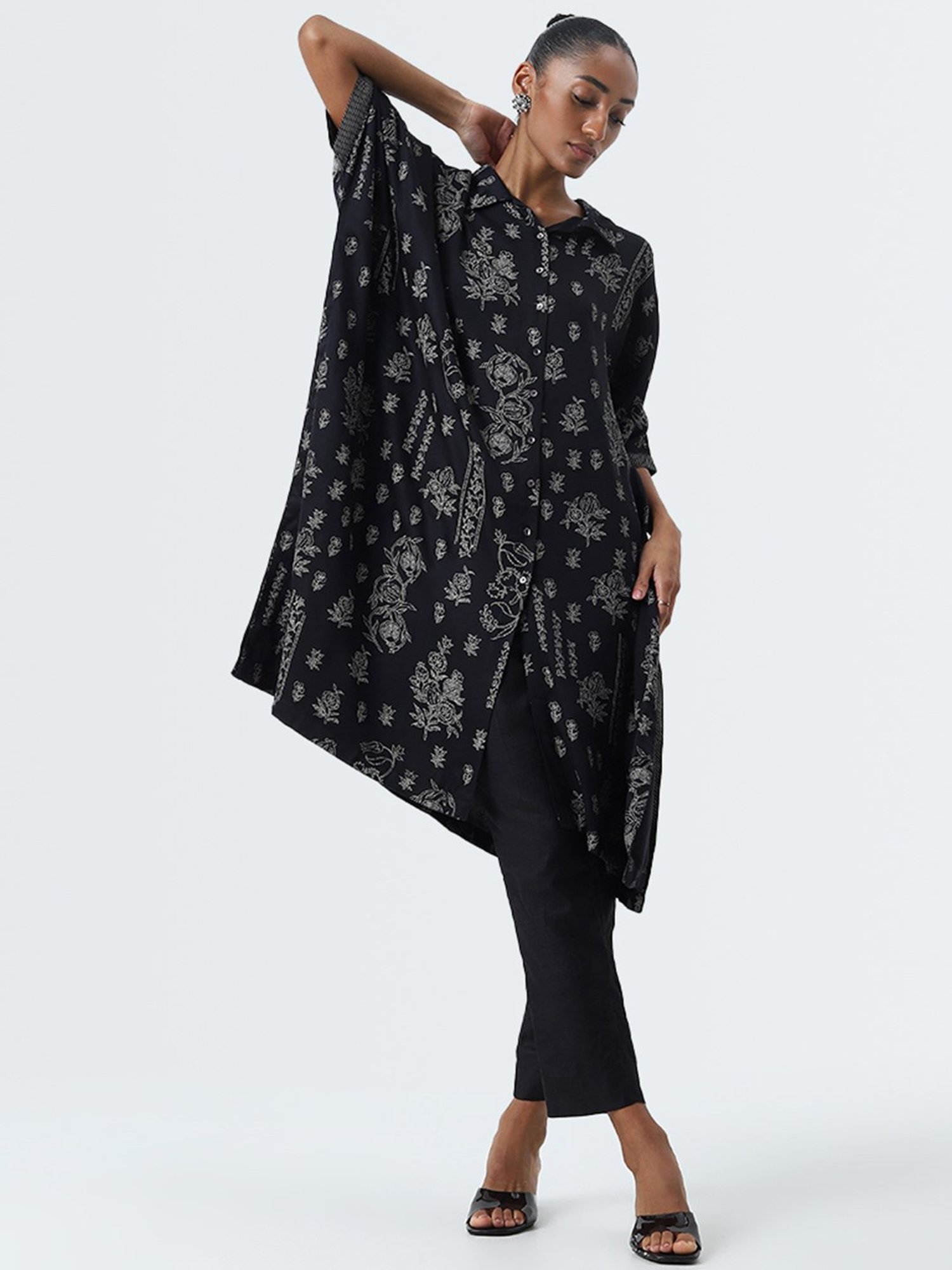 Artagai Midnight Navy Elevated Basics Co-Ord Set With Notch Collar Top And Straight Pants