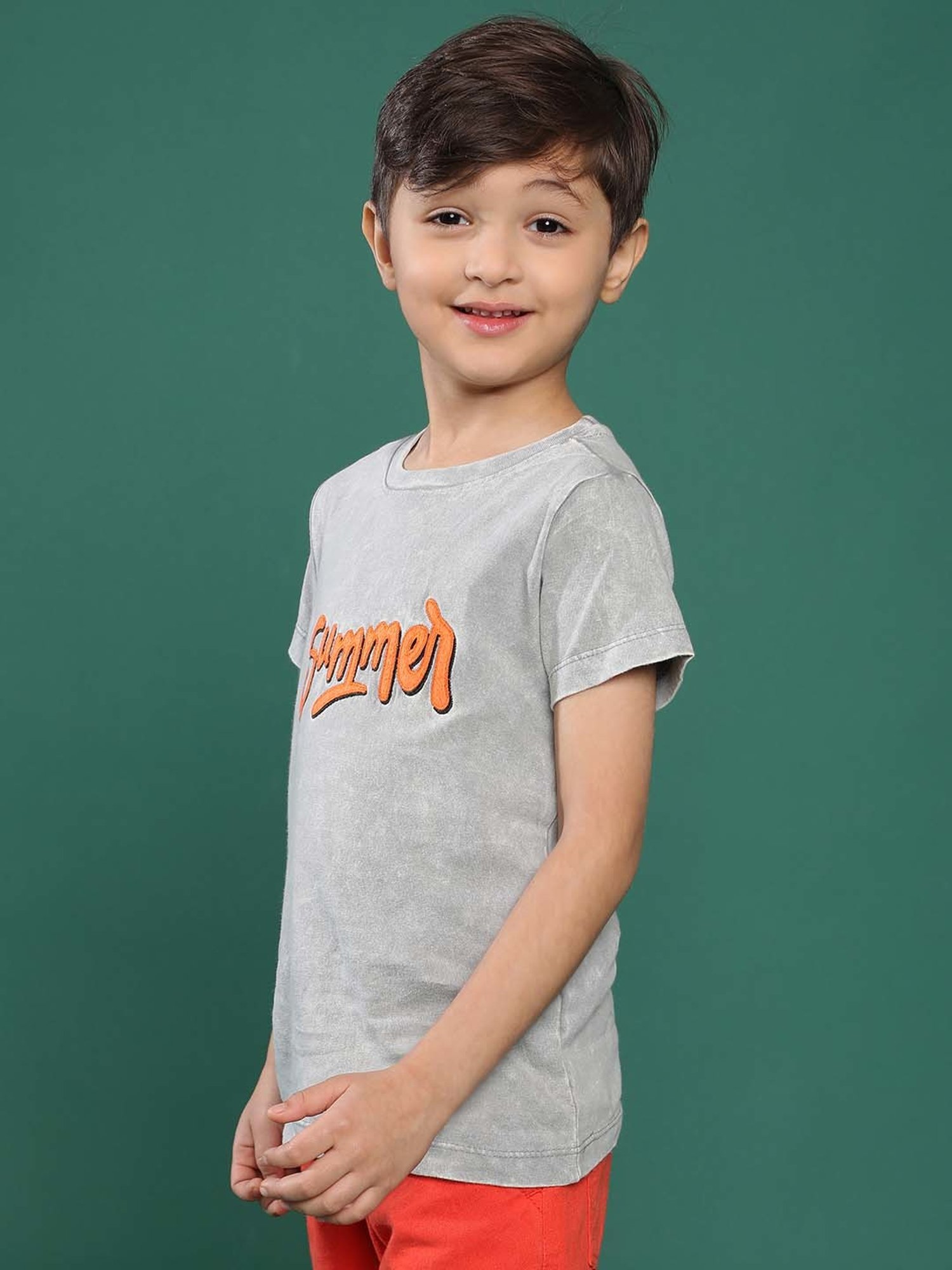 Tales & Stories Kids Grey Cotton Embroidered T-Shirt