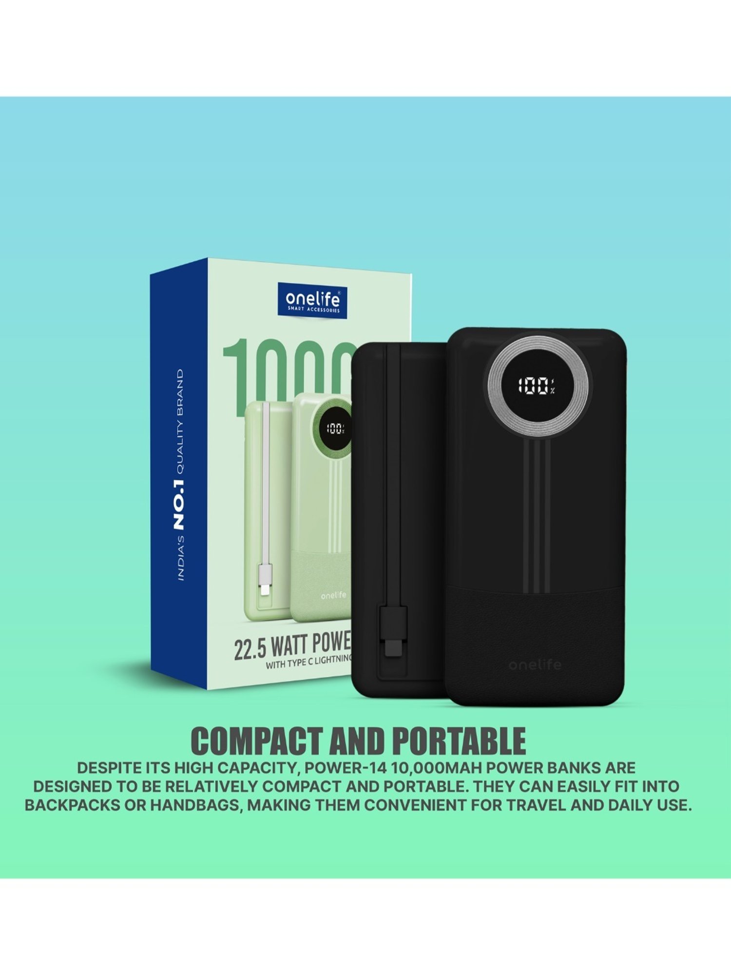 Onelife Power 14, 10000 mAh 22.5W Slim Quick Charge Power Bank (Black)