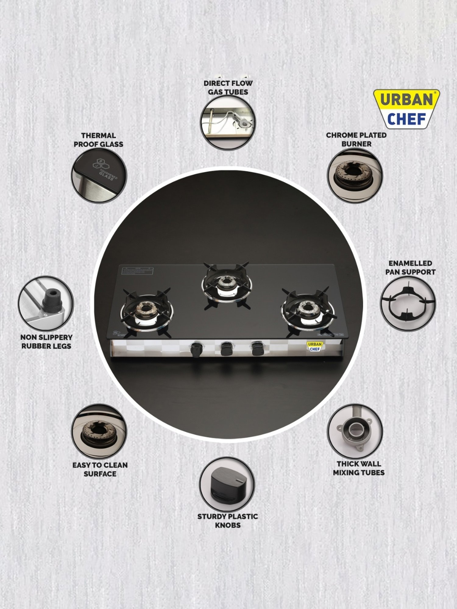 Urban Chef Gas Stove with 3 Burners ( Black )