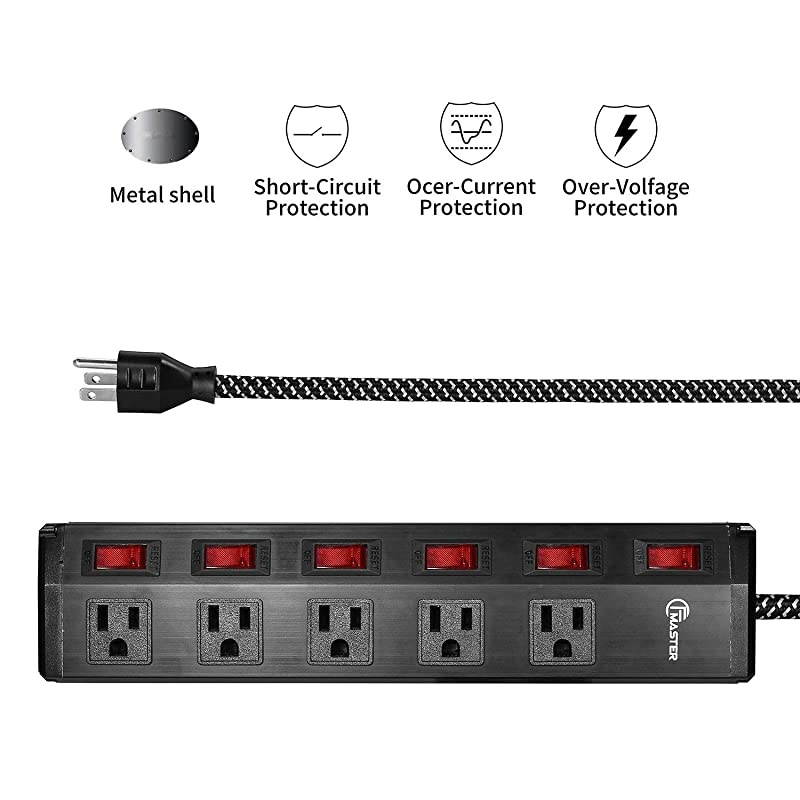 Strip Surge Protector 5 outlets Metal Heavy Duty Extension Cord 6 ft,5 Independent switches with one Master Switch, SGS Certified,Black