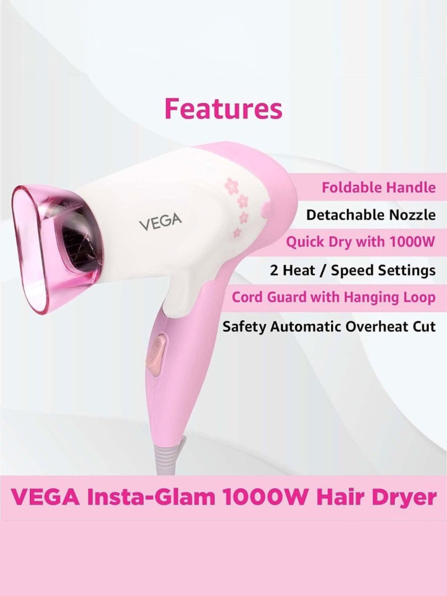 Staunch SHD2011 1600W Compact and Foldable Hair Dryer (White and Pink)