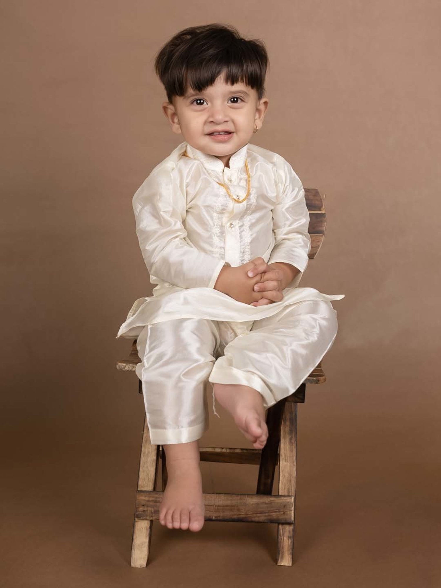 Baby Moo Kids Cream & Yellow Regular Fit Full Sleeves Kurta Set