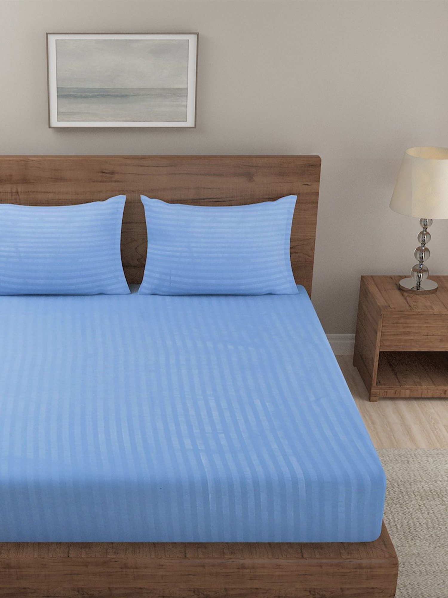 Klotthe Stripes Blue 210 TC Cotton Blend King Size Bed Sheet with 2 Pillow Covers
