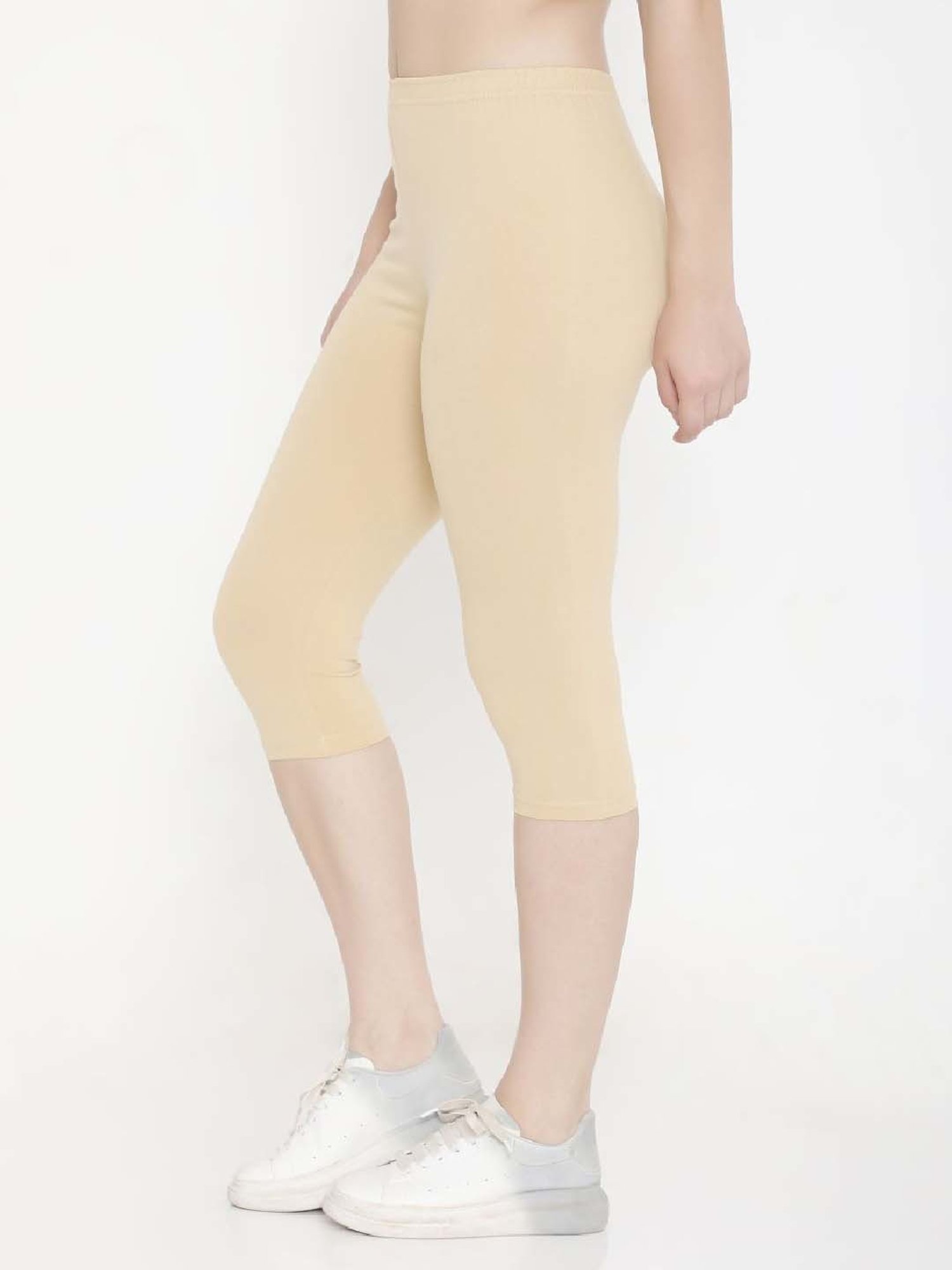FEELINGS Beige Cotton Plain Capris