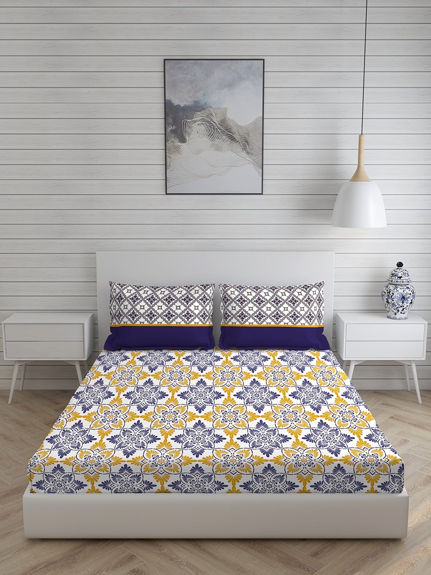 Layers Roma Floral Yellow 120 TC Cotton Queen Bed Sheet with 2 Pillow Covers