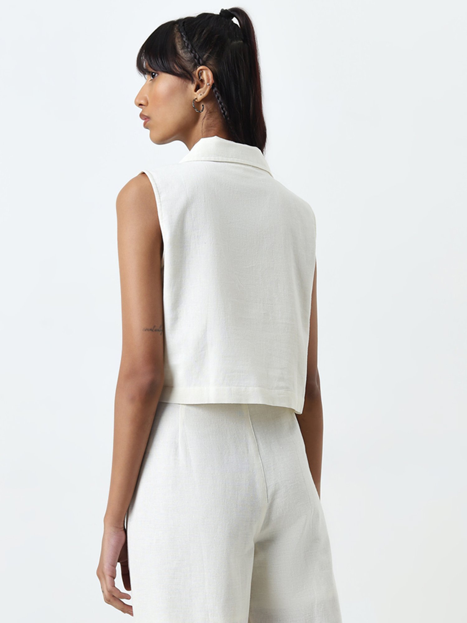 Bombay Paisley by Westside Ivory Waistcoat-Style Cotton Blend Top