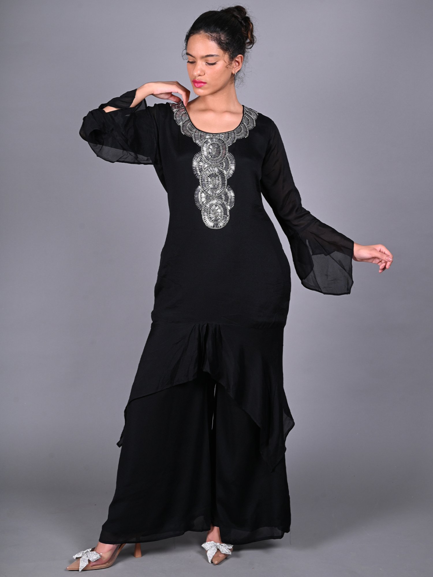 Odette Black Embellished Tunic Palazzo Set