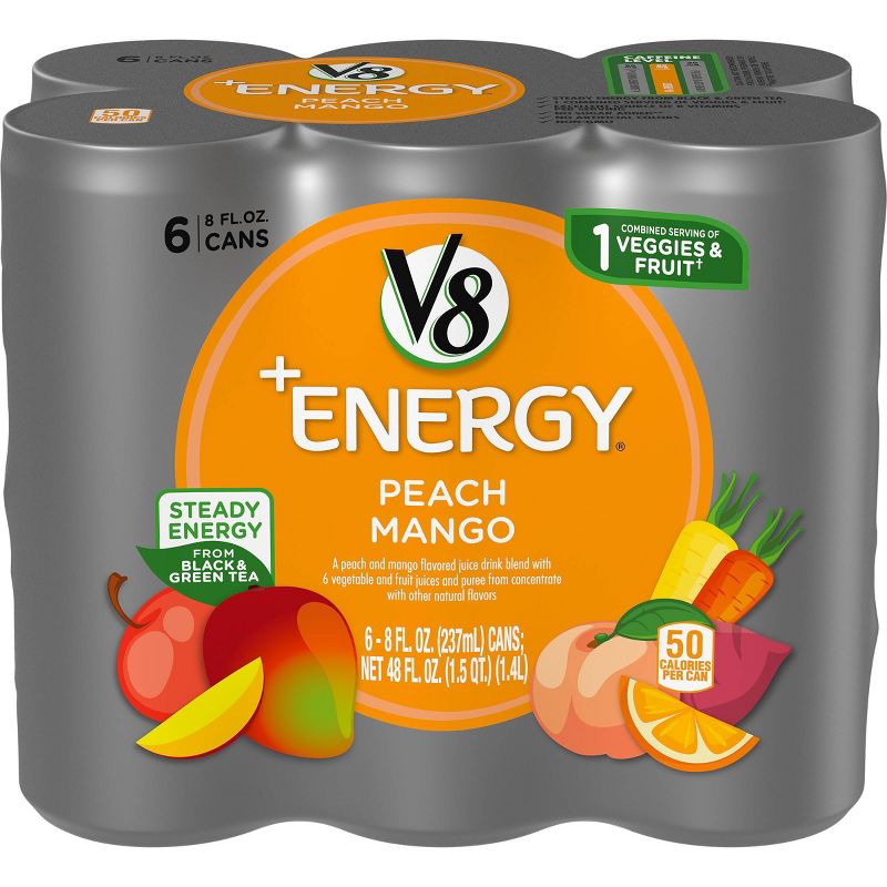 V8 V-Fusion +Energy Peach Mango Vegetable & Fruit Juice - 6pk/8 fl oz Cans