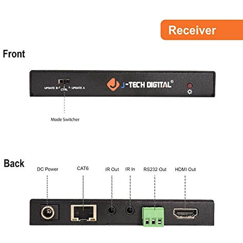 J-Tech Digital HDBaseT 4K@60HZ HDMI Extender 4K@60HZ 4:4:4, HDMI 2.0 Over Single Cable CAT5e/6A up to 230ft (1080P) 131ft(4K) Supports HDMI 2.0 18Gbps, HDR, HDCP 2.2, RS232, Bi-Directional IR