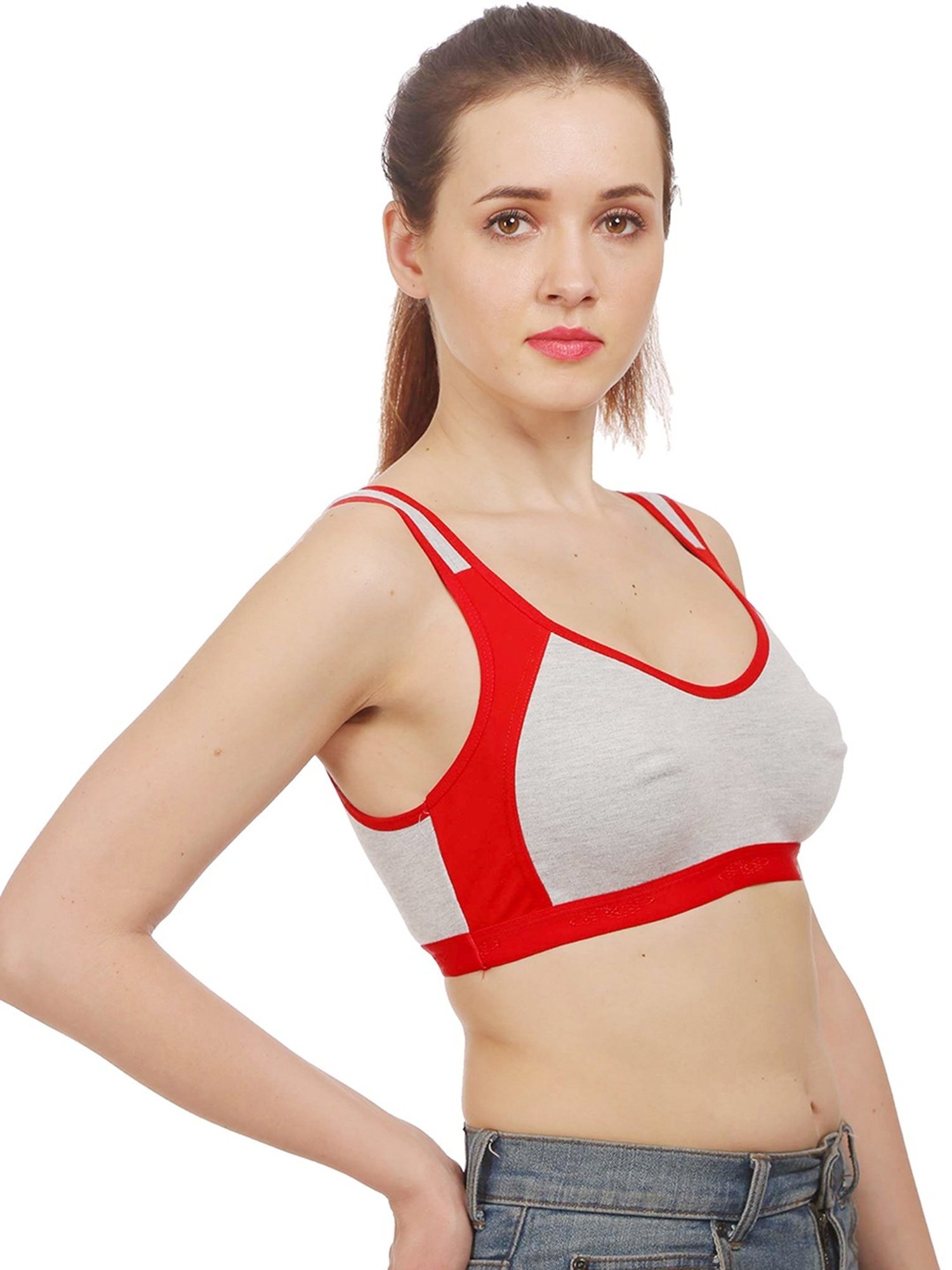 AROUSY Grey & Red Cotton Color-Block Bralette Bra