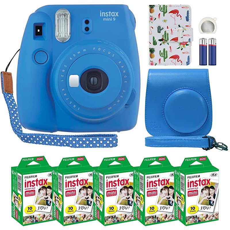 Instax Mini 9 Instant Camera Cobalt Blue with Custom Case + Fuji Instax Film Value Pack (50 Sheets) Flamingo Designer Photo Album for Fuji instax Mini 9 Photos