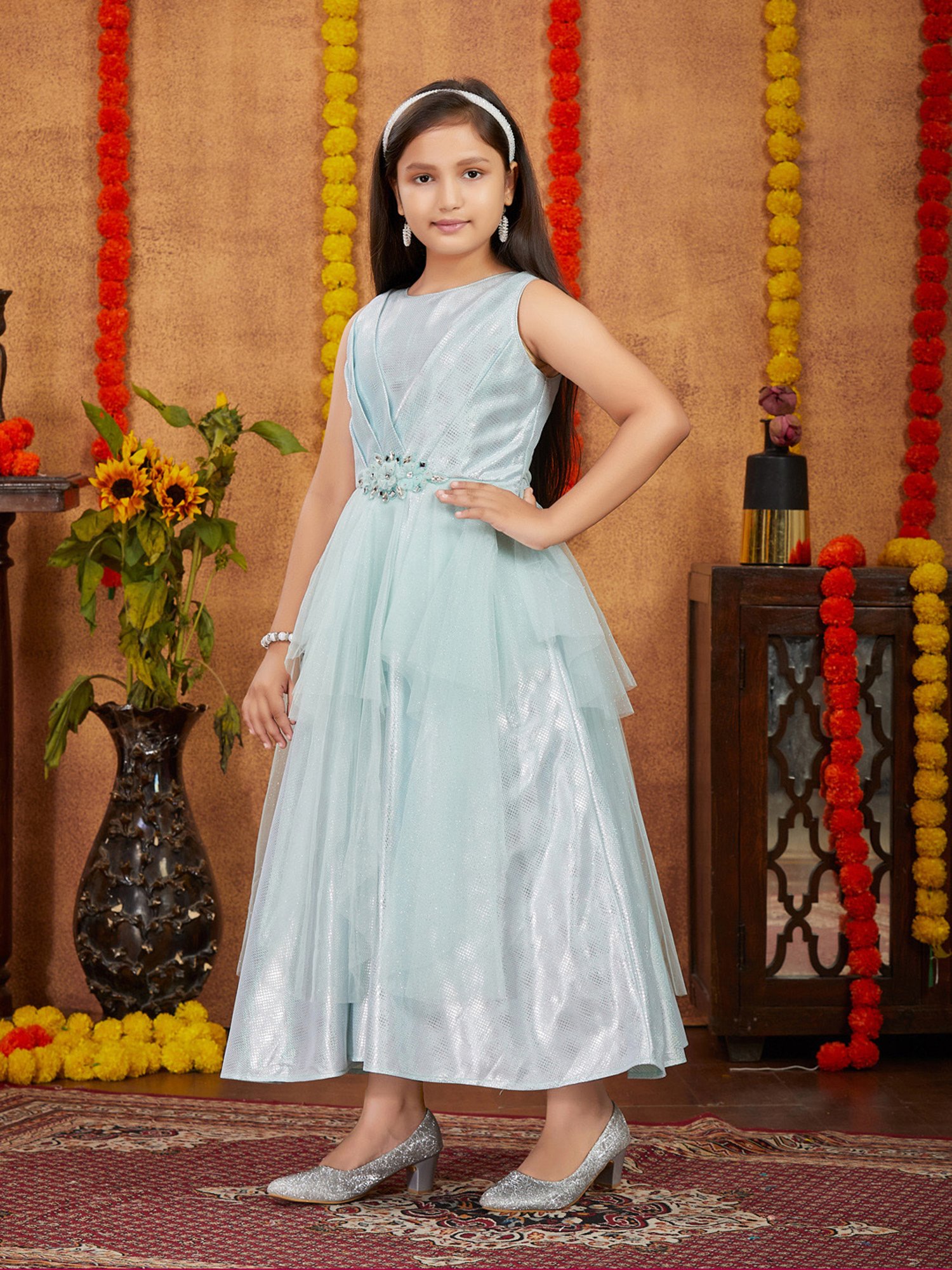 Aarika Kids Light Blue Embellished Gown with Unstitched Sleeves