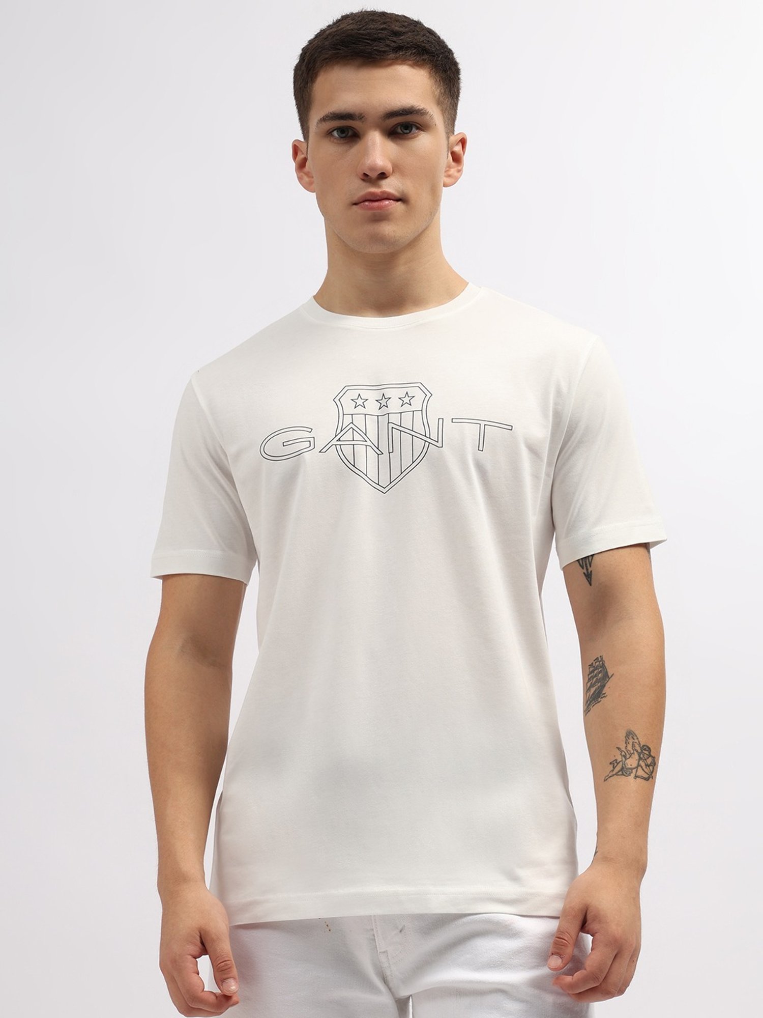 Gant Off White Cotton Regular Fit Logo Printed T-Shirt