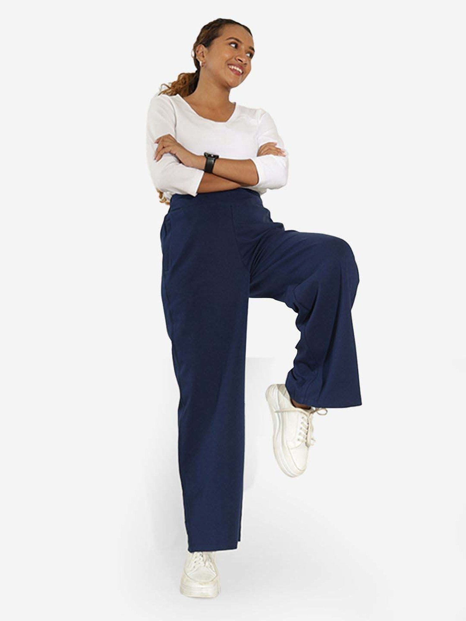 BlissClub Navy Cotton Wide Leg Trousers