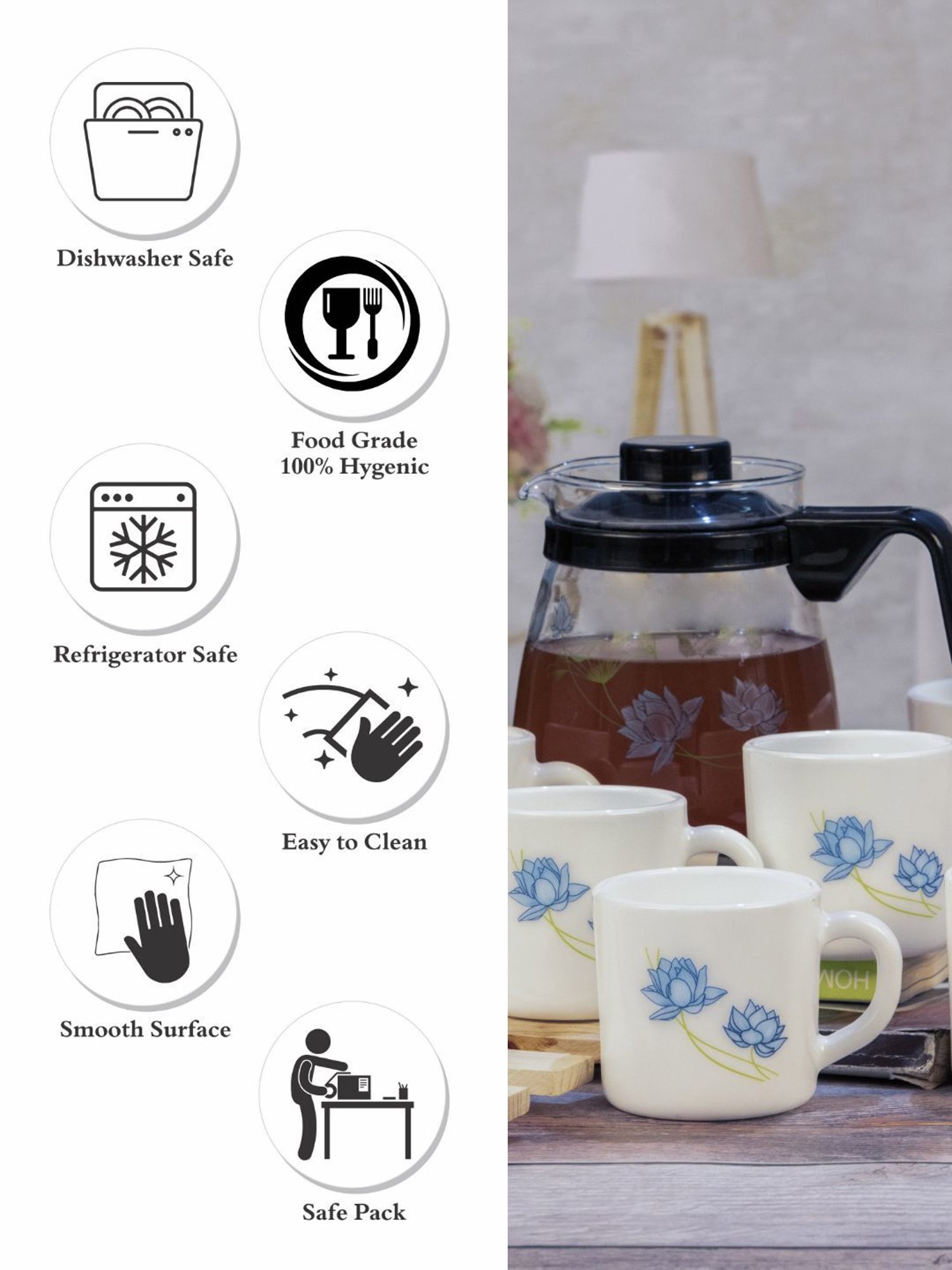 Cello Floral Multicolor Opalware Tea Set - Set of 6 Cups (180ml) & 1 Tea Pot (750ml)