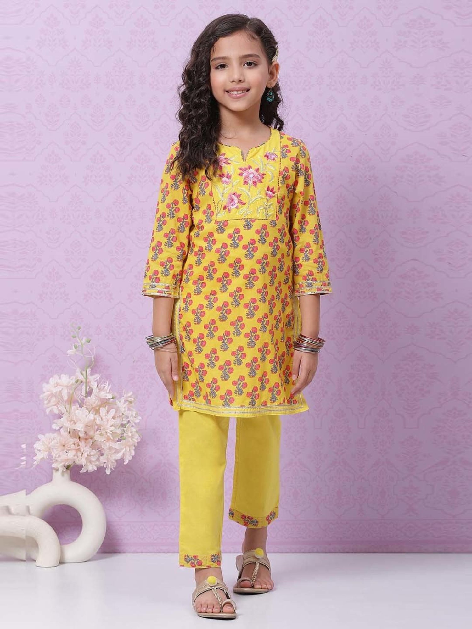 Biba Kids Yellow & Pink Cotton Floral Print Kurta Set