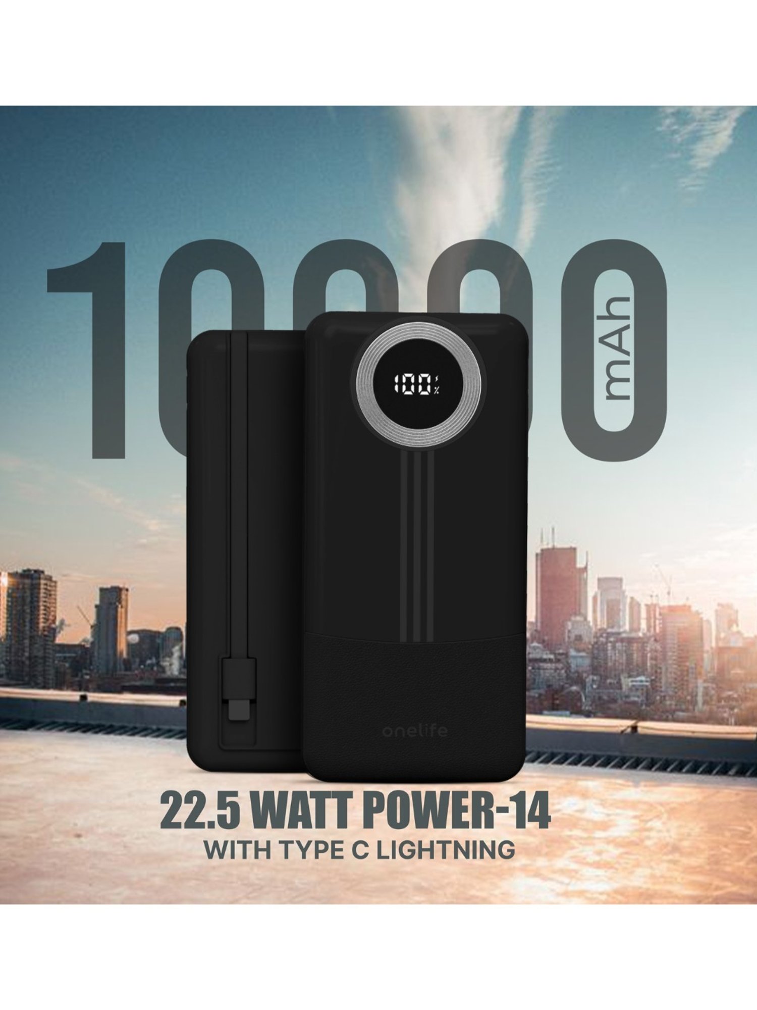 Onelife Power 14, 10000 mAh 22.5W Slim Quick Charge Power Bank (Black)