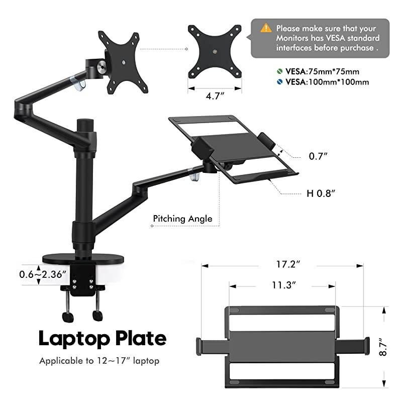 Monitor and Laptop or Tablet Mount 3in1 Adjustable Dual Arm Desk Stands Monitor Arm for 1732 Computer Screens Tablet Arm for 413 TabletPhone Extra Tray Fits 1217 Laptop OL3TBR