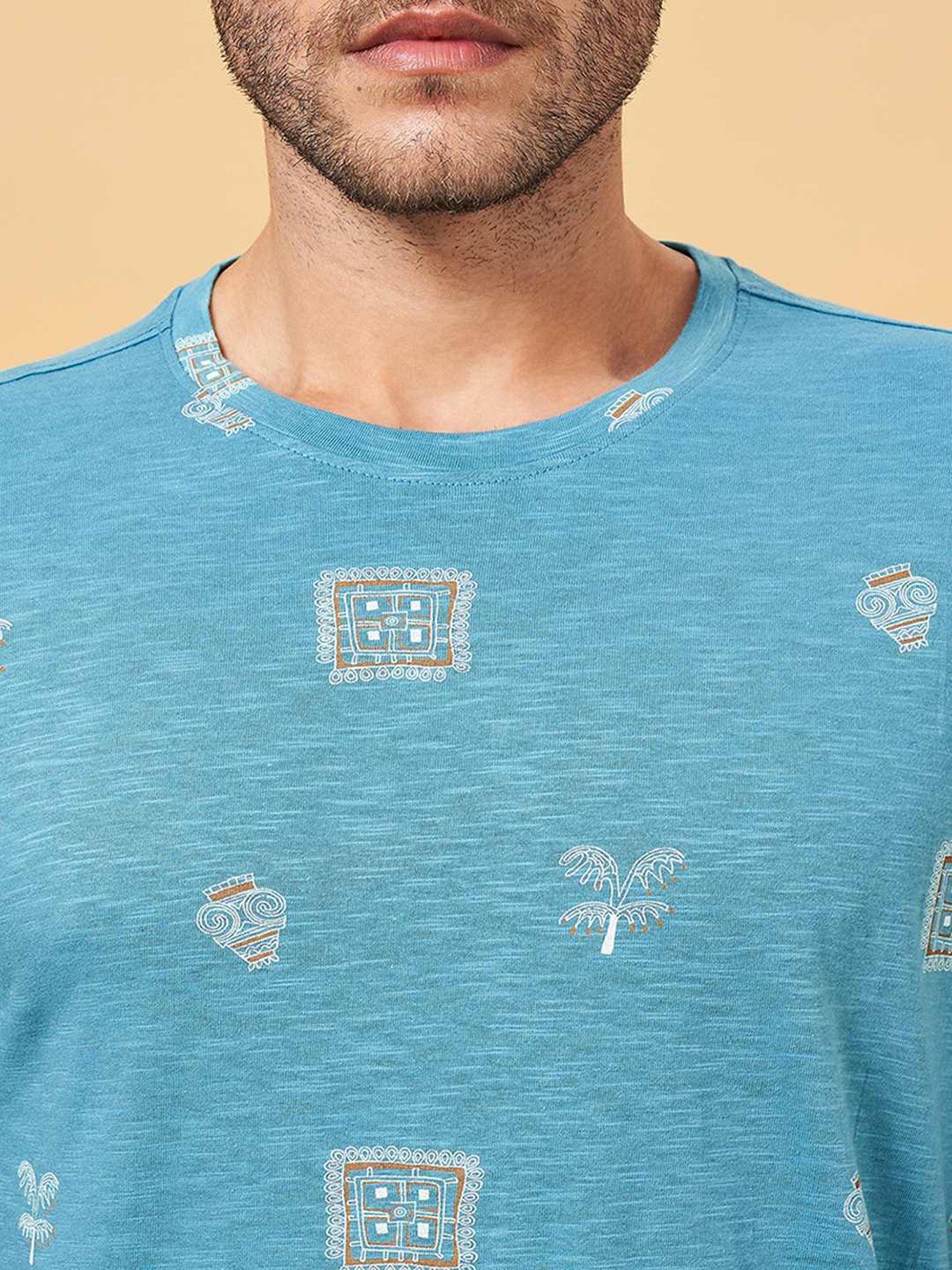 7 Alt by Pantaloons Teal Cotton Relaxed Fit Printed T-Shirt