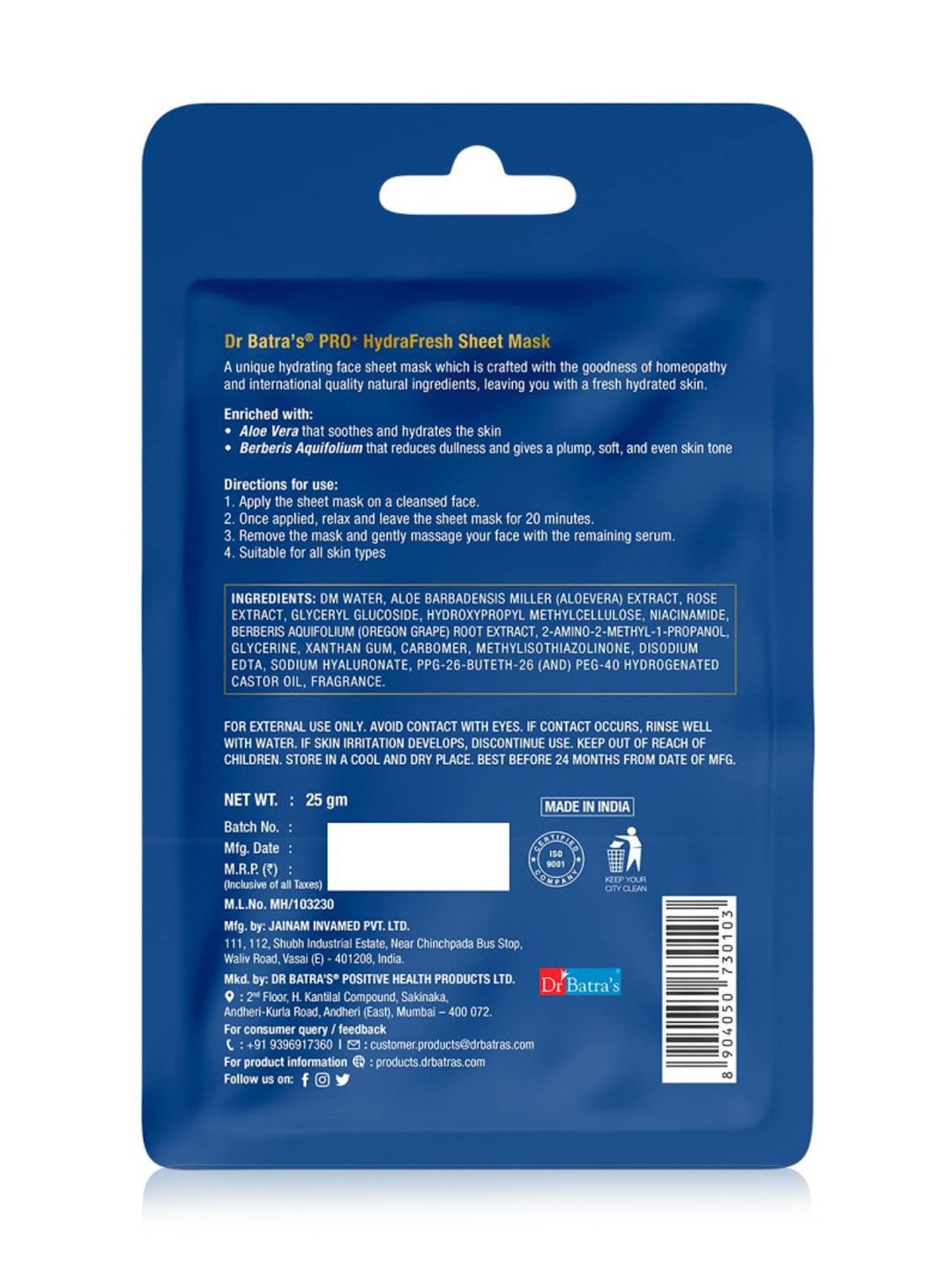 Dr. Batra's Pro+ HydraFresh Sheet Mask - 25 gm