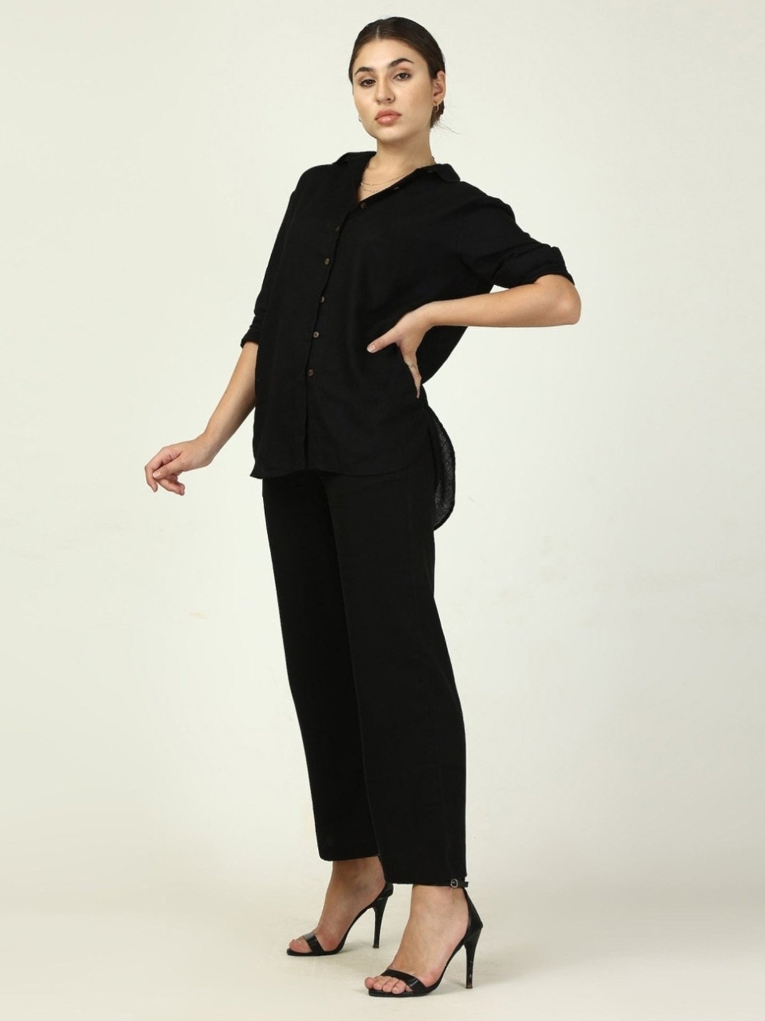 Saltpetre Elegant LInen Black Shirt with Trousers Co-ord Set