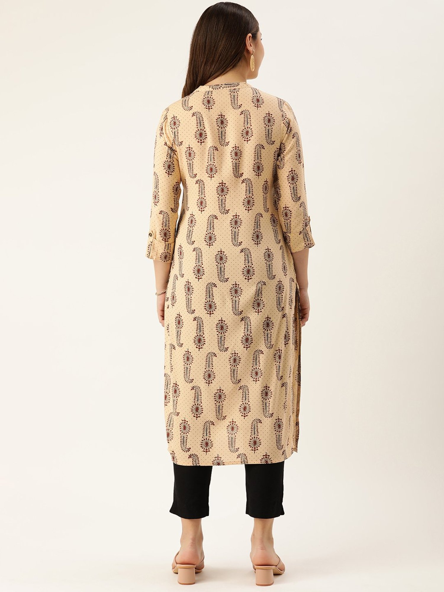 Amukti Beige Printed A Line Kurta