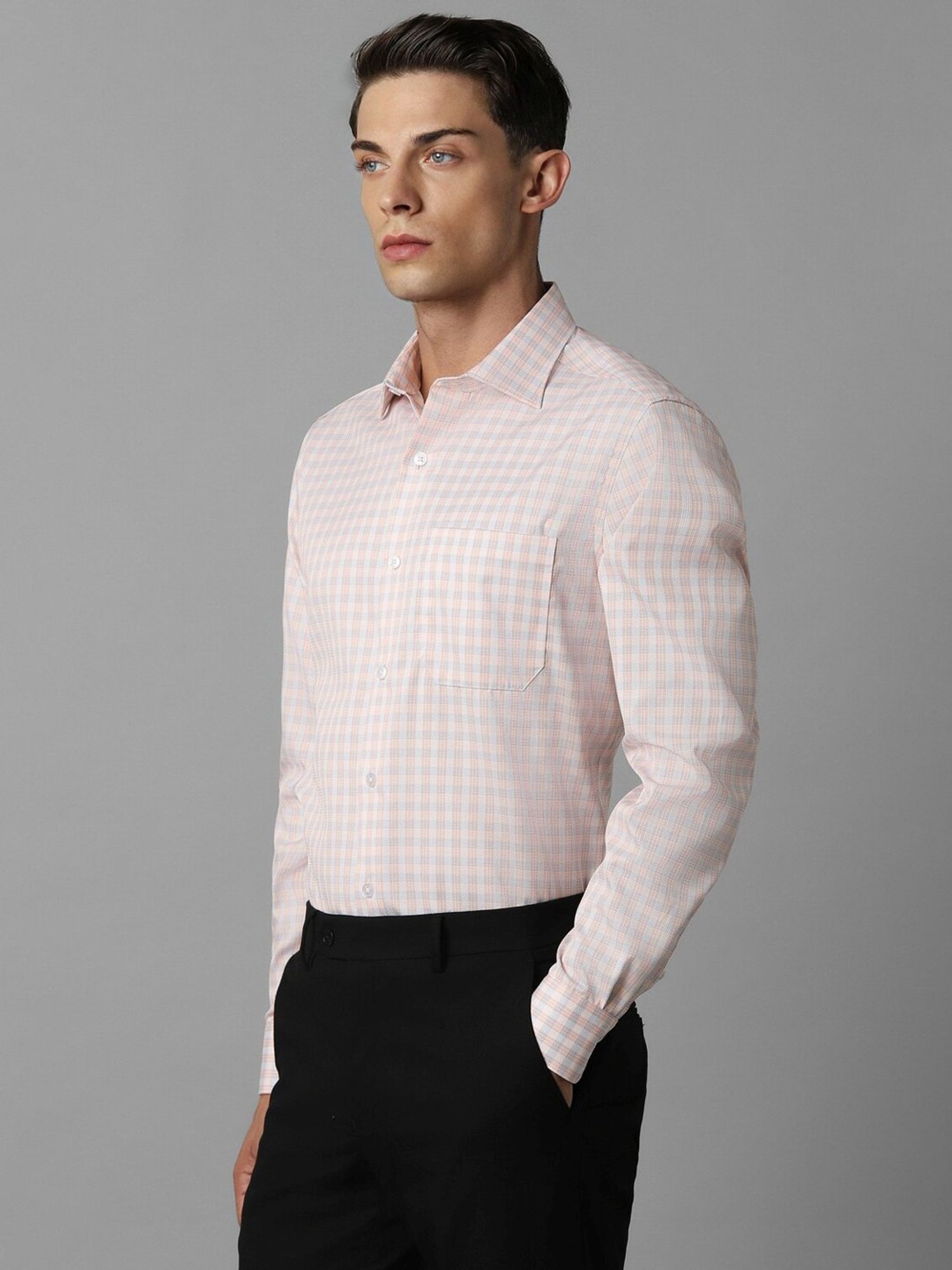 Louis Philippe Peach Cotton Regular Fit Checks Shirt