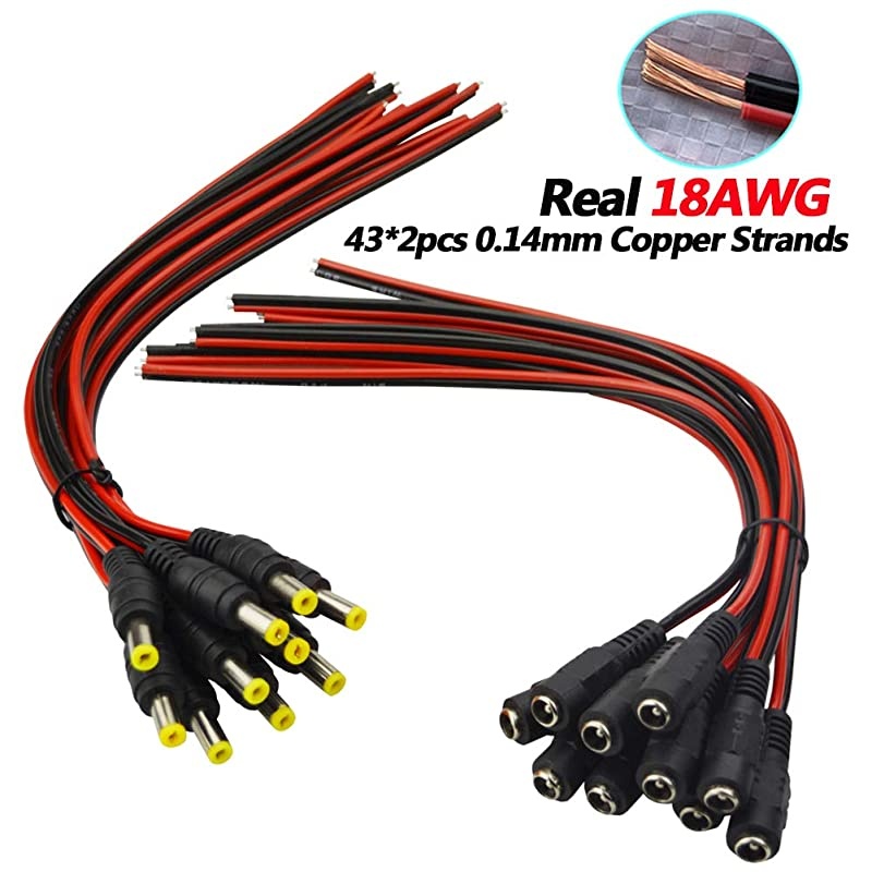 Real 18AWG 43x2pcs Copper Strands 10 Pairs DC Power Pigtail Cable Wire 12V 5A Male Female Connectors for CCTV Security Camera and Lighting Power Adapter by  21mm x 55mm Ultra Thick
