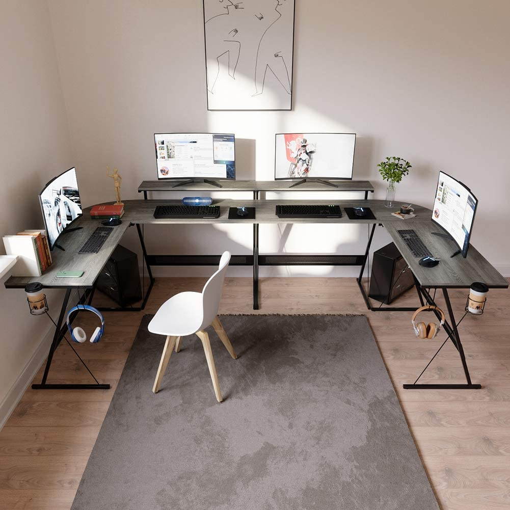 Bestier 55.2" Gaming Desk Racing Style PC Computer Desk L-Shaped Desk Corner Home Office Table with Ergonomic Monitor Stand & RGB Strip Light & Multifunctional Hook (Black Carbon Fiber)