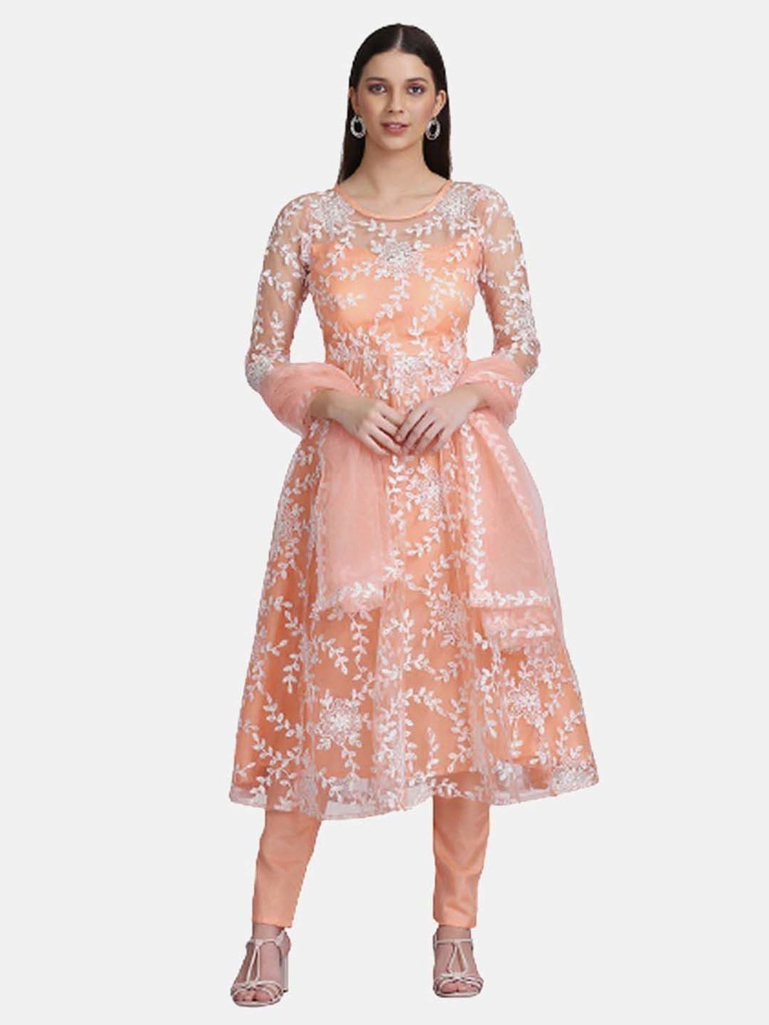 Warthy Ent Peach Embroidered Semi Stitched Dress Material
