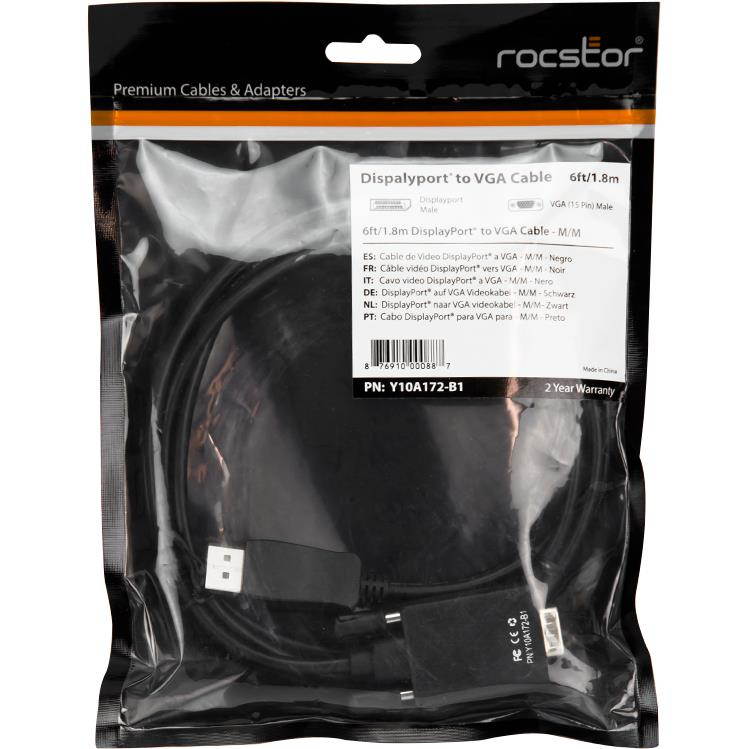 Rocstor Y10A172-B1 6Ft DisplayPort to VGA M/M Cable Supports 1080P 60HZ