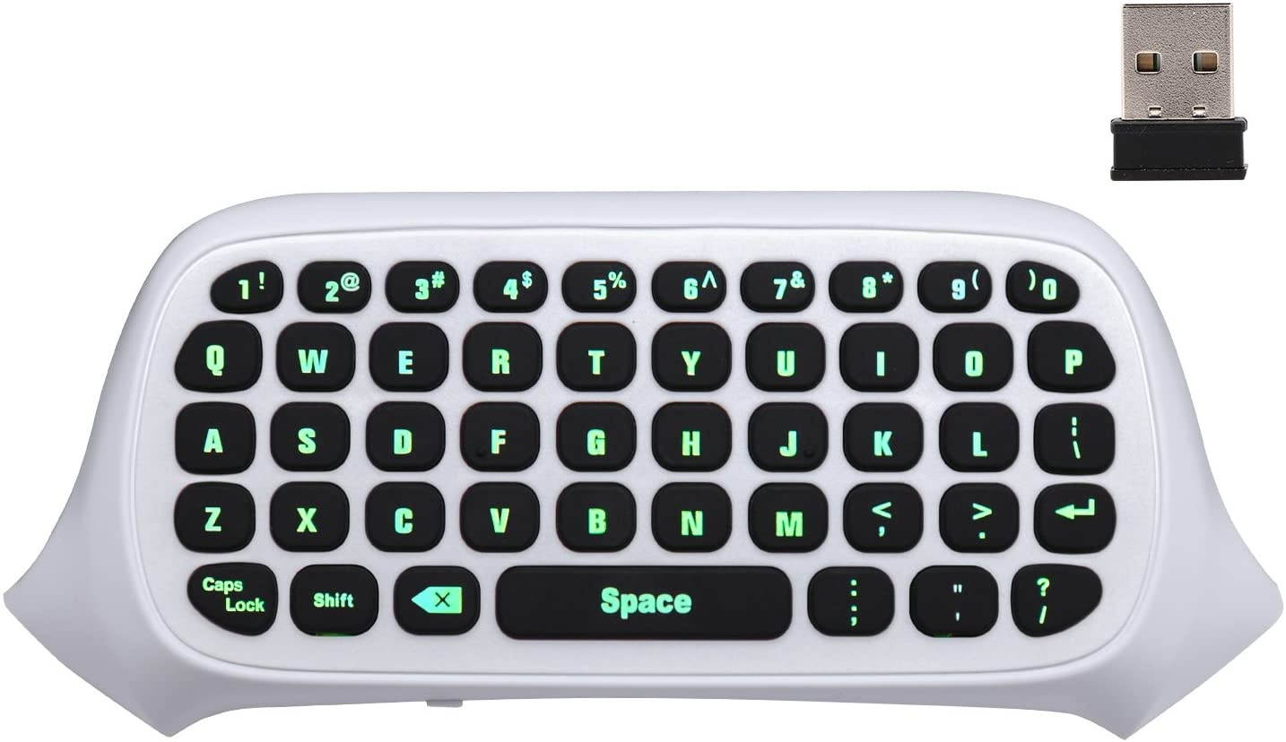 MoKo Xbox One Mini Green Backlight Keyboard, 2.4G Receiver Wireless Chatpad Message Game Keyboard Keypad, with Headset and Audio Jack, for Xbox One/Xbox One S/Xbox One Elite Controller, White