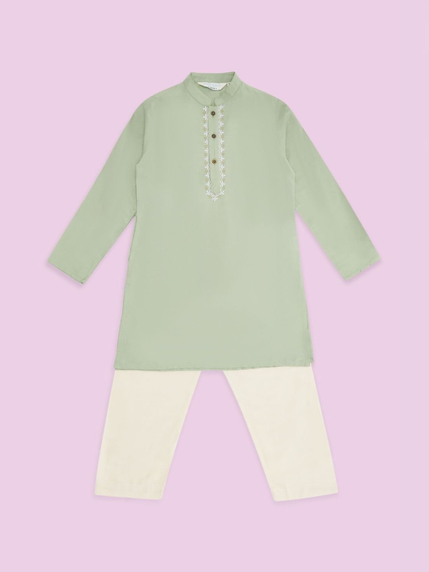 Indus Route by Pantaloons Kids Mint Green & White Embroidered Full Sleeves Kurta Set