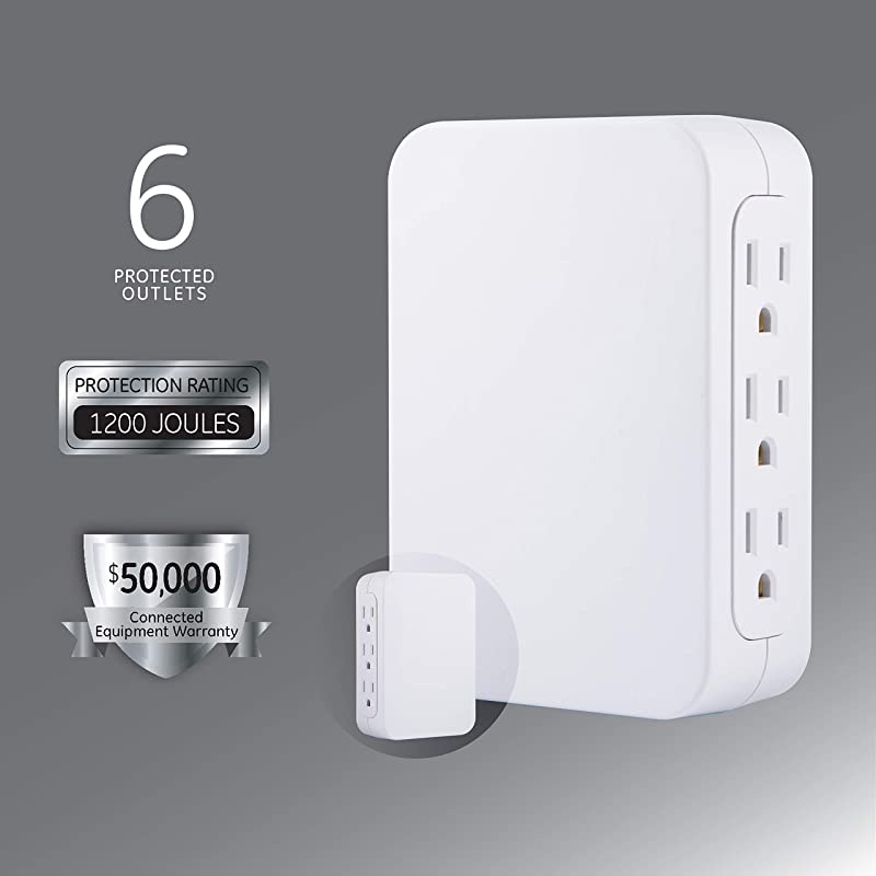Pro 6 Outlet Wall Tap Sur Protector, Side Access, Power Outlet Adapter, 1200 Joules & Pro Side-Access Swivel Sur Protector, 6-Outlet Wall Tap, 3 Prong, 1200 Joules, 120V AC, 15A, 1800W, White