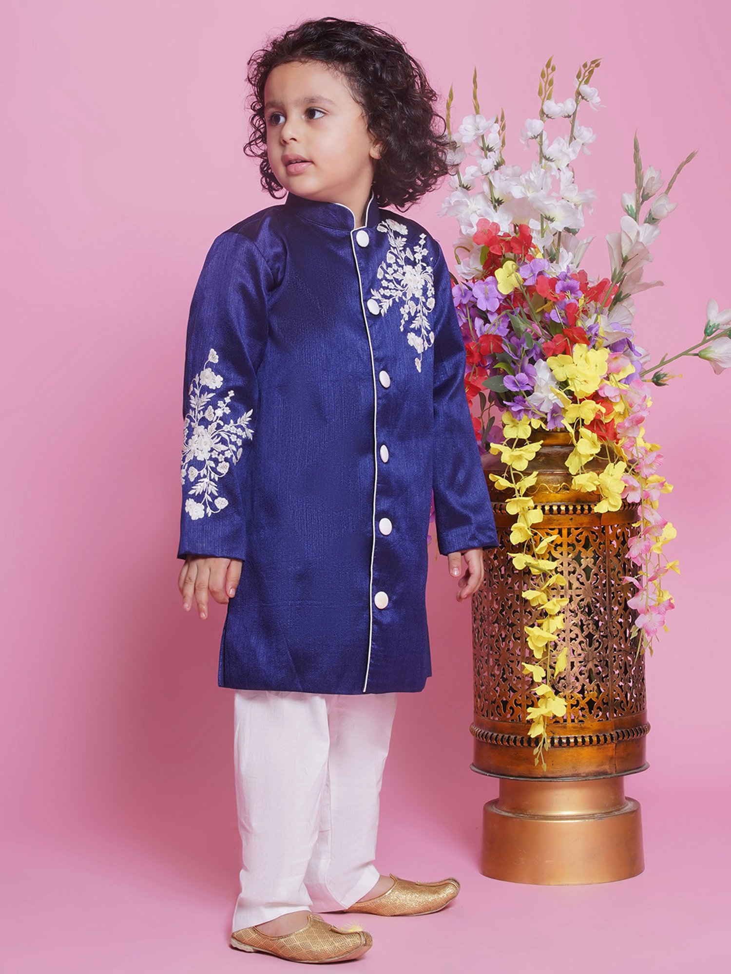 Little Bansi Kids Royal Blue & White Embroidered Full Sleeves Sherwani with Pyjamas