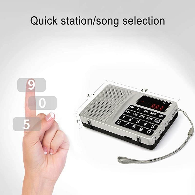 TR603 Radios Portable AM FM, Short Wave Band Radio, Digital Radio Support TF, USB, AUX Input, with Preset Button and 5W Speaker (Sliver)