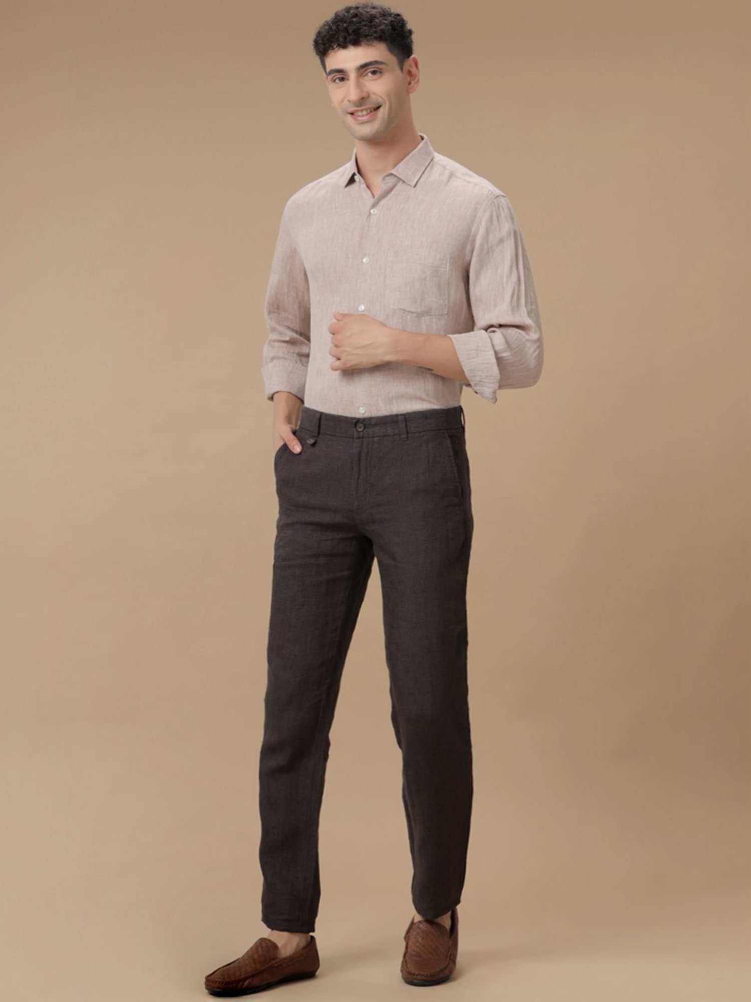 Linen Club Beige Linen Contemporary Fit Texture Shirt