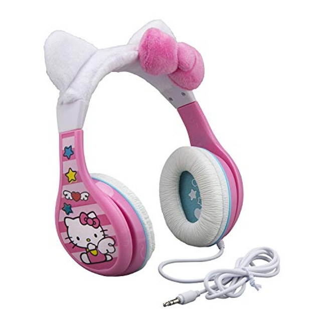 eKids Hello Kitty Headphones for Kids, Adjustable Headband, Stereo Sound, 3.5mm Jack, Wired Headphones with Volume Control, Designed for Fans of Hello Kitty Gifts