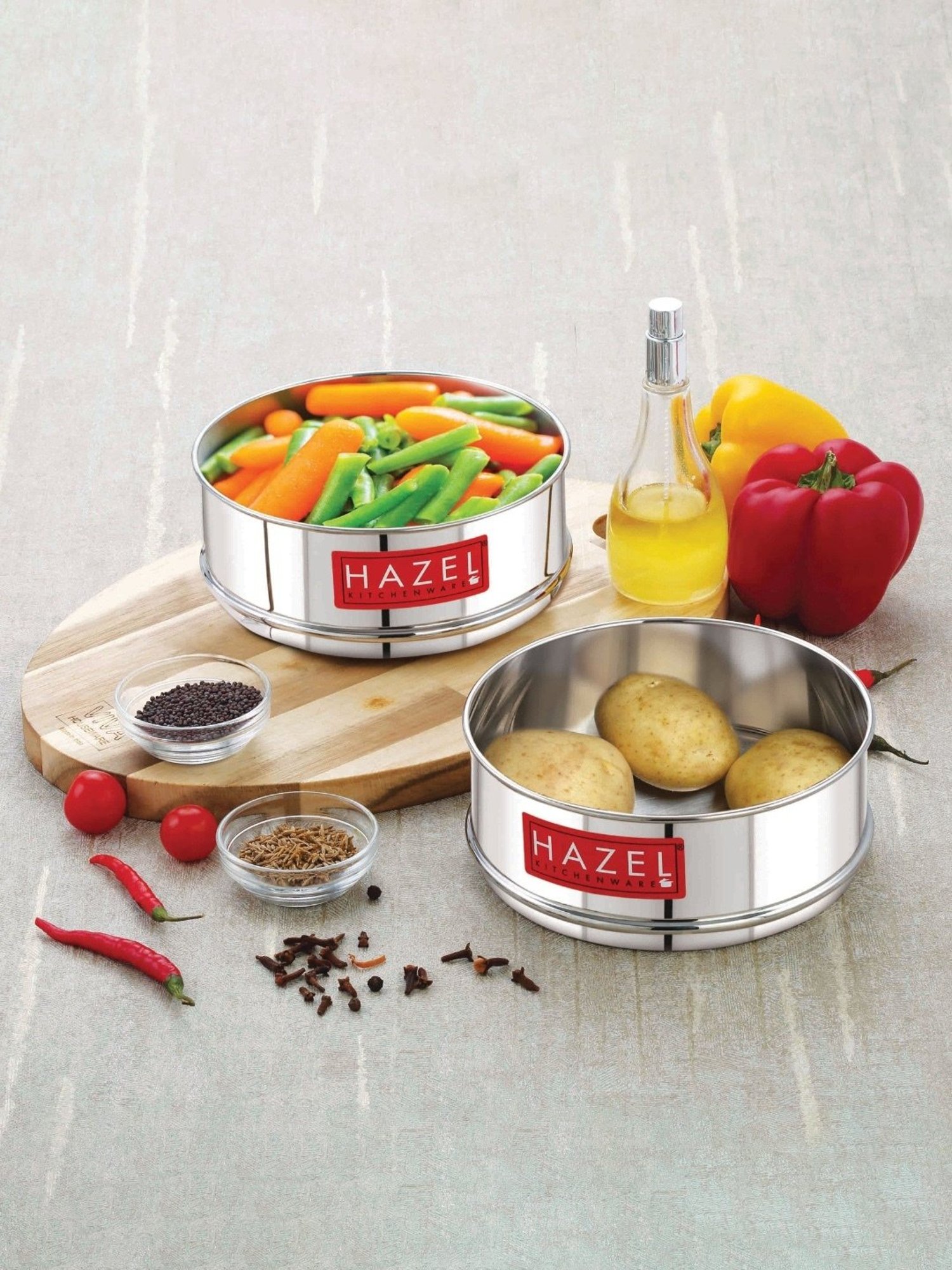 HAZEL Silver Stainless Steel Flat Cooker Dabba 500ml (each) - Set of 2