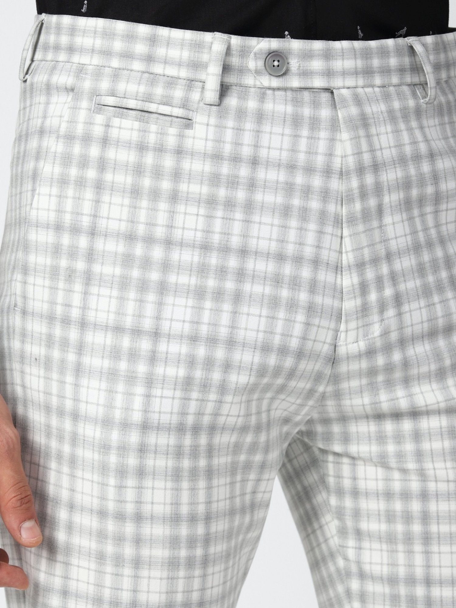 Peter England Grey & White Slim Fit Checks Flat front trousers